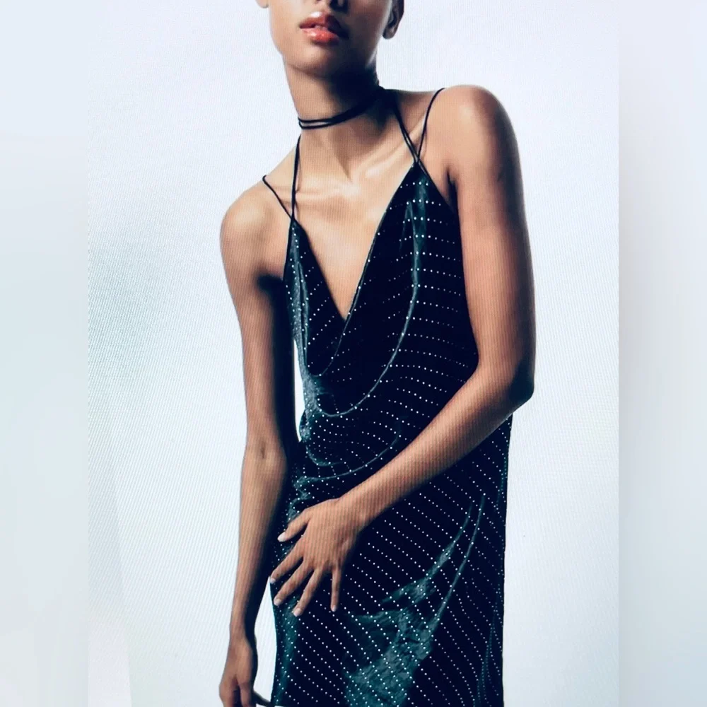Zara satin effect mini black slip dress with rhinestone details - size XS